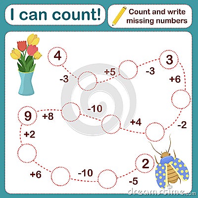 Vector illustration of a children`s math game on the topic I can count. Mathematical examples Vector Illustration
